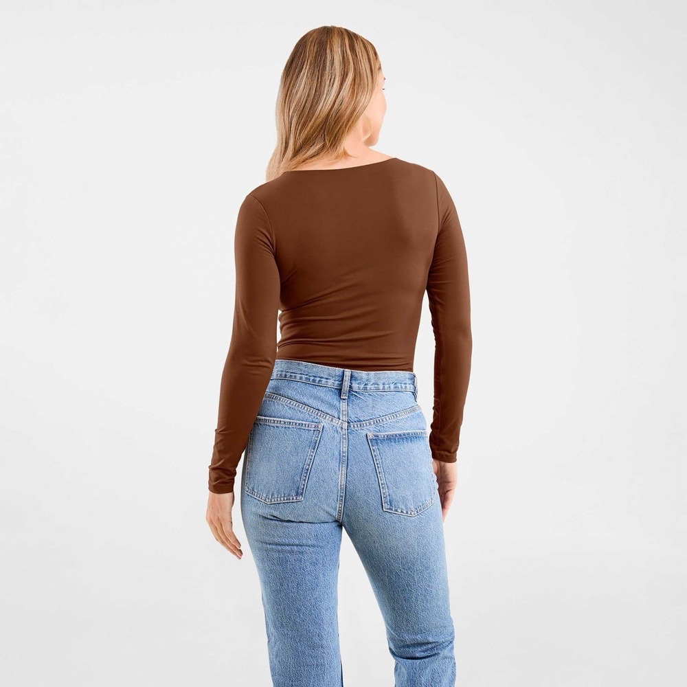NUUDS Long Sleeve Scoop Neck Seamless Bodysuit In Chocolate Brown Size XL‎ - Picture 2 of 7